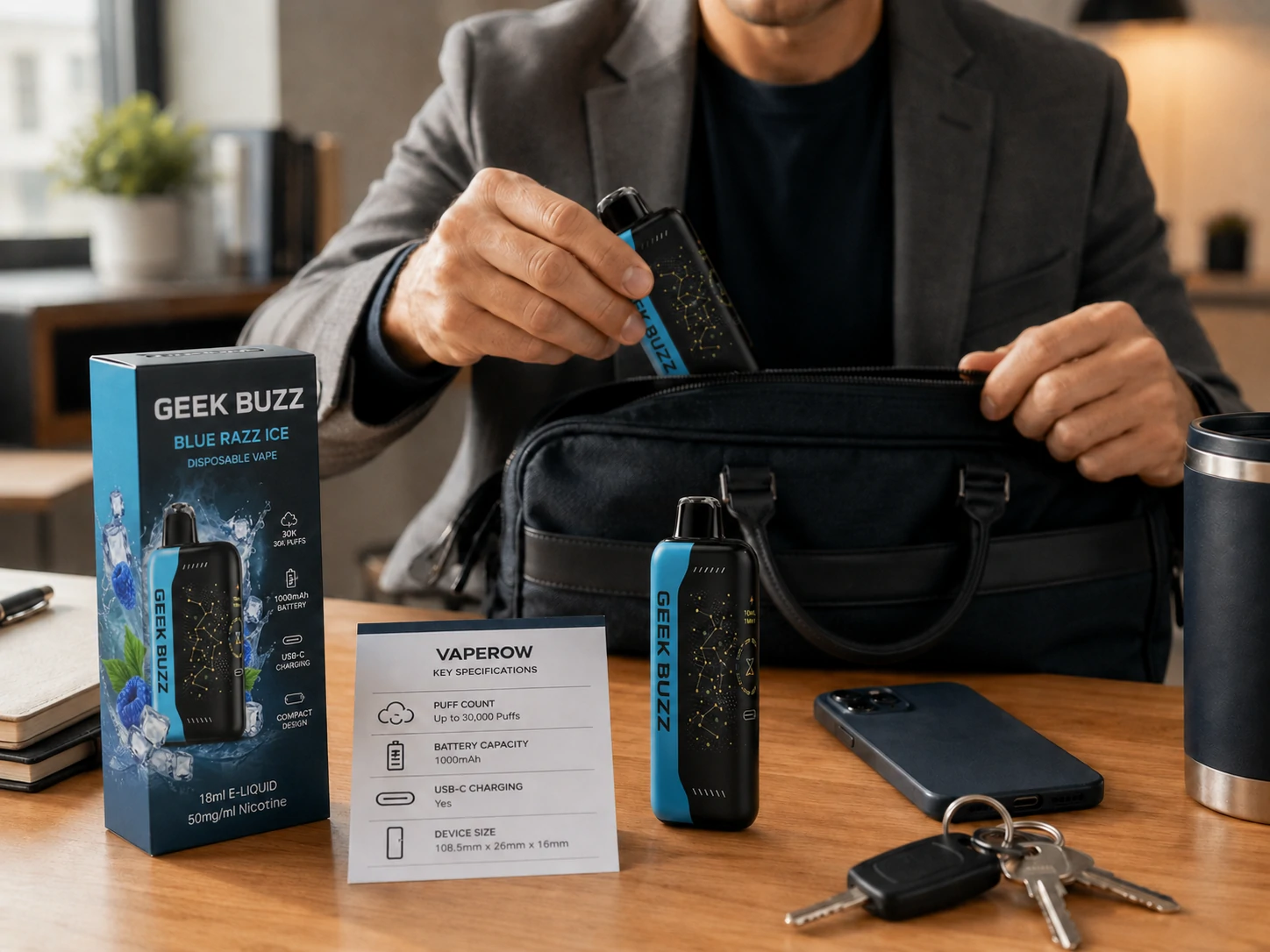 Wybór przenośnych vaporizerów Dorosły nabywca pakuje jednorazowy vape „Geek Buzz” obok karty specyfikacji (ID#4)