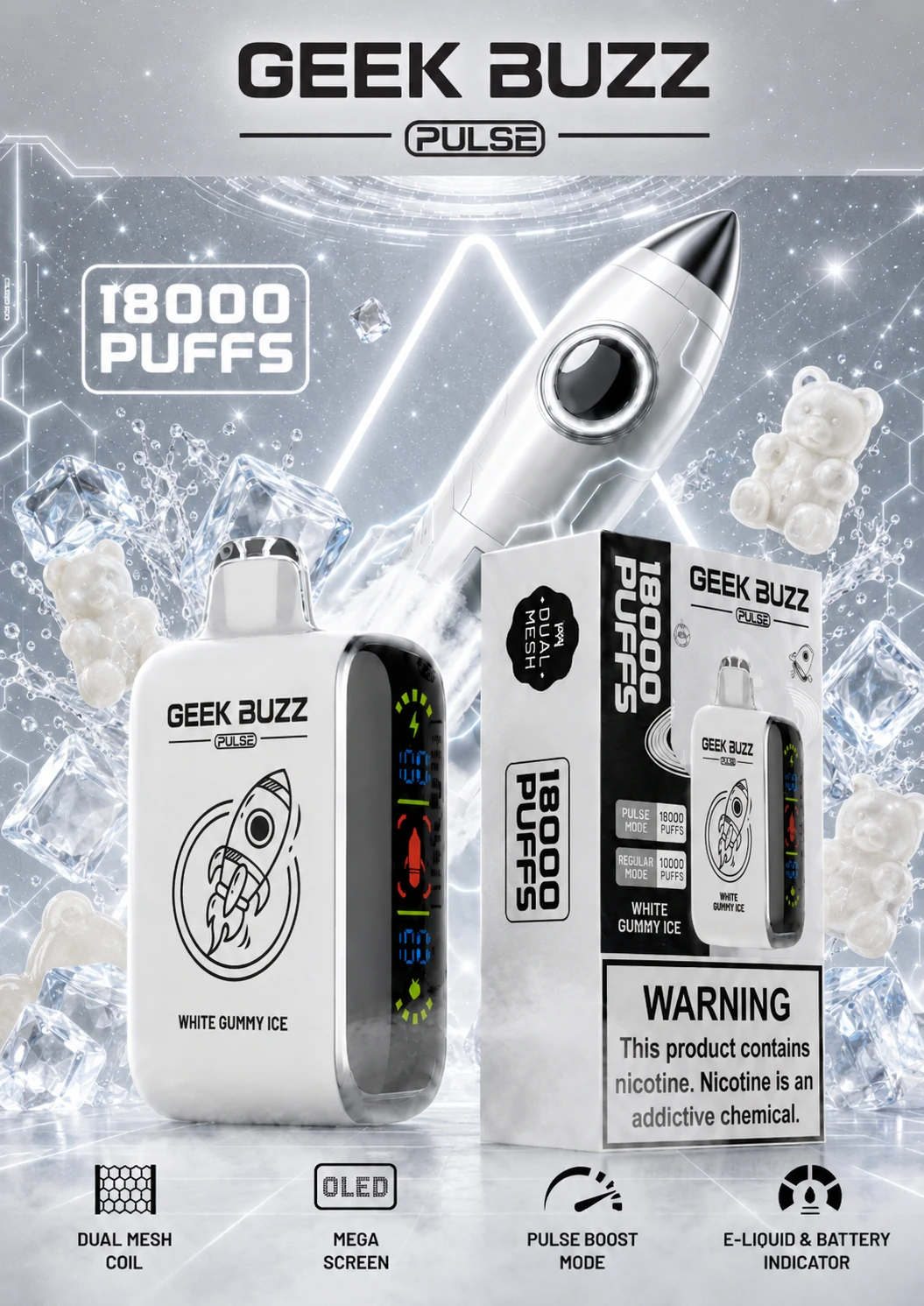 GEEK BUZZ PULSE White Gummy Ice – jednorazowy vape na 18 000 zaciągnięć - obrazek 2