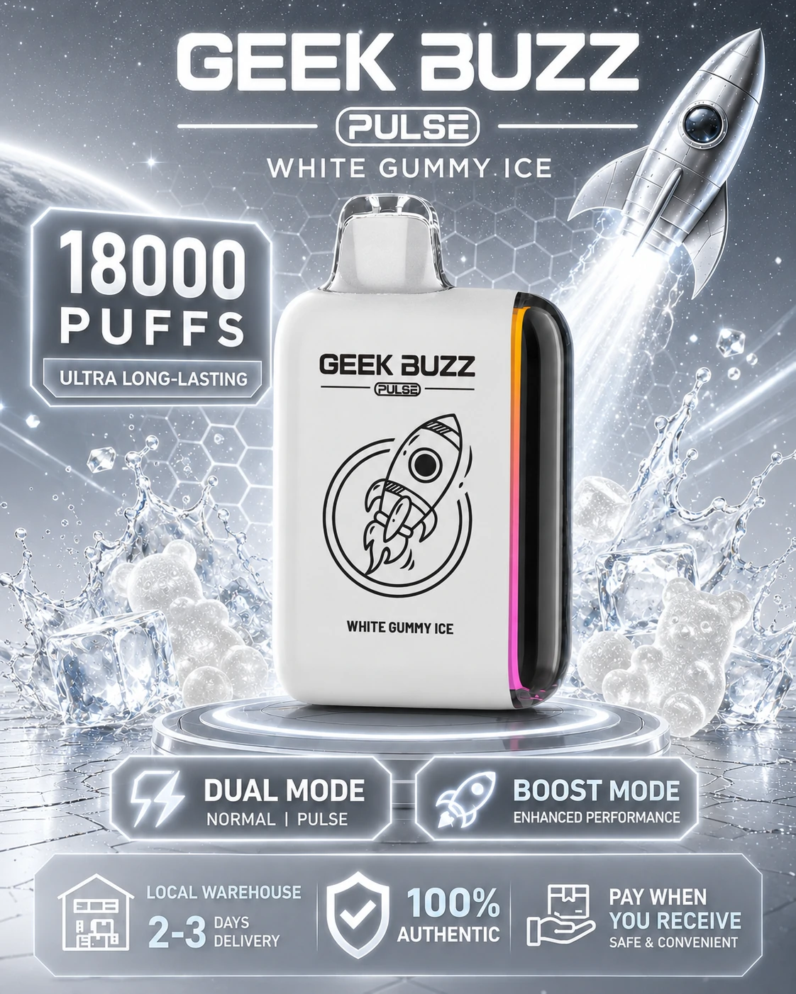 GEEK BUZZ PULSE White Gummy Ice – jednorazowy vape na 18 000 zaciągnięć