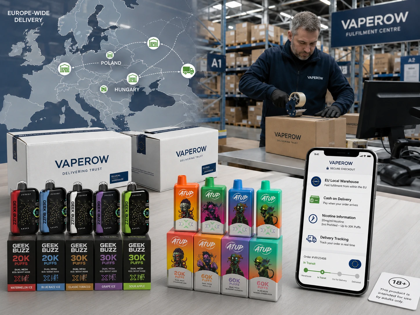 Dostawa z magazynu w UE Jednorazowe vape'y marki Vaperow z magazynem w UE, opcją płatności przy odbiorze i logistyką dostaw (ID#5)