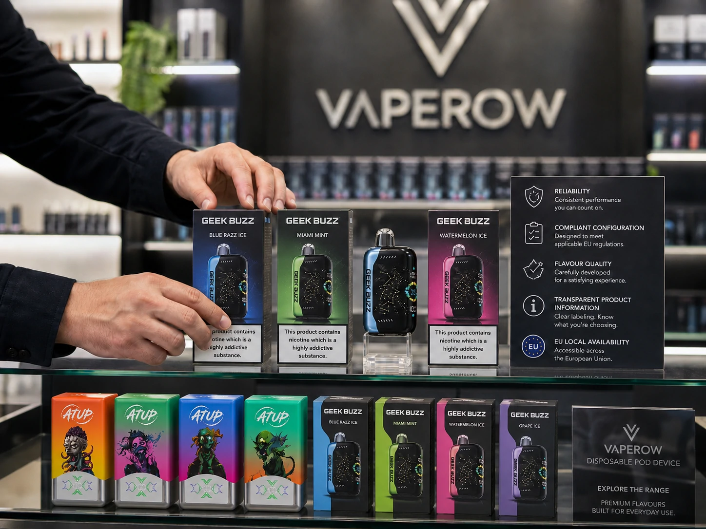 Asortyment produktów detalicznych Ekspozytor sklepowy Vaperow z jednorazowymi e-papierosami GEEK BUZZ i ATUP (ID#2)