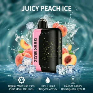 GEEK BUZZ Juicy Peach Ice – inteligentny jednorazowy vaporizer o pojemności 25–30 tys. zaciągnięć