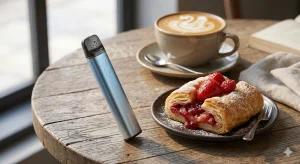 Niebieski vape pen na drewnianym stole obok kawy i świeżego ciastka z jagodami.