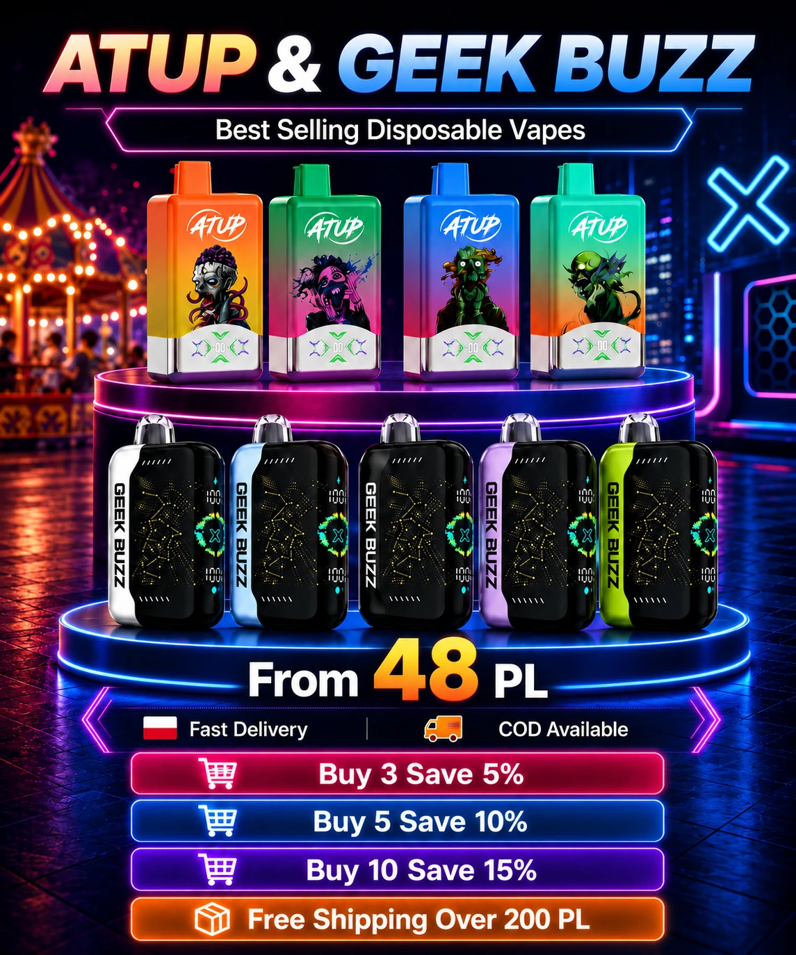 Jednorazowe vape'y marek Geek BUZZ i ATUP w różnych smakach.
