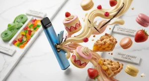 Niebieski vape pen otoczony latającymi słodkimi deserami i świeżymi jagodami.