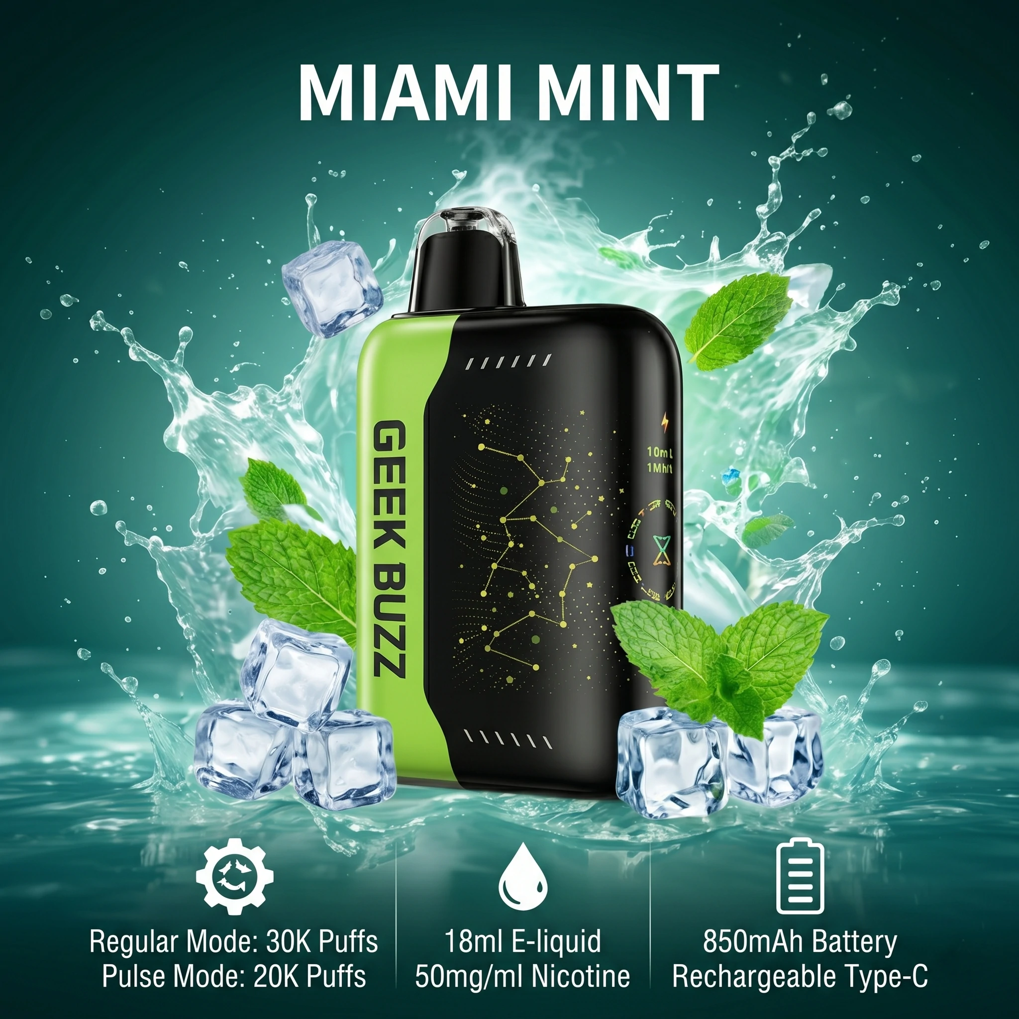 GEEK BUZZ Miami Mint – waporyzator z regulacją, 25 000–30 000 zaciągnięć