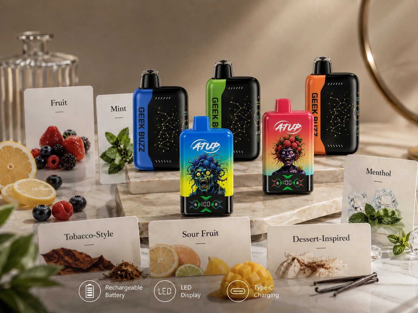 Wyświetlanie kategorii smaków Jednorazowe vape’y marek ATUP i GEEK BUZZ z kartami określającymi kategorię smaków (ID#3)