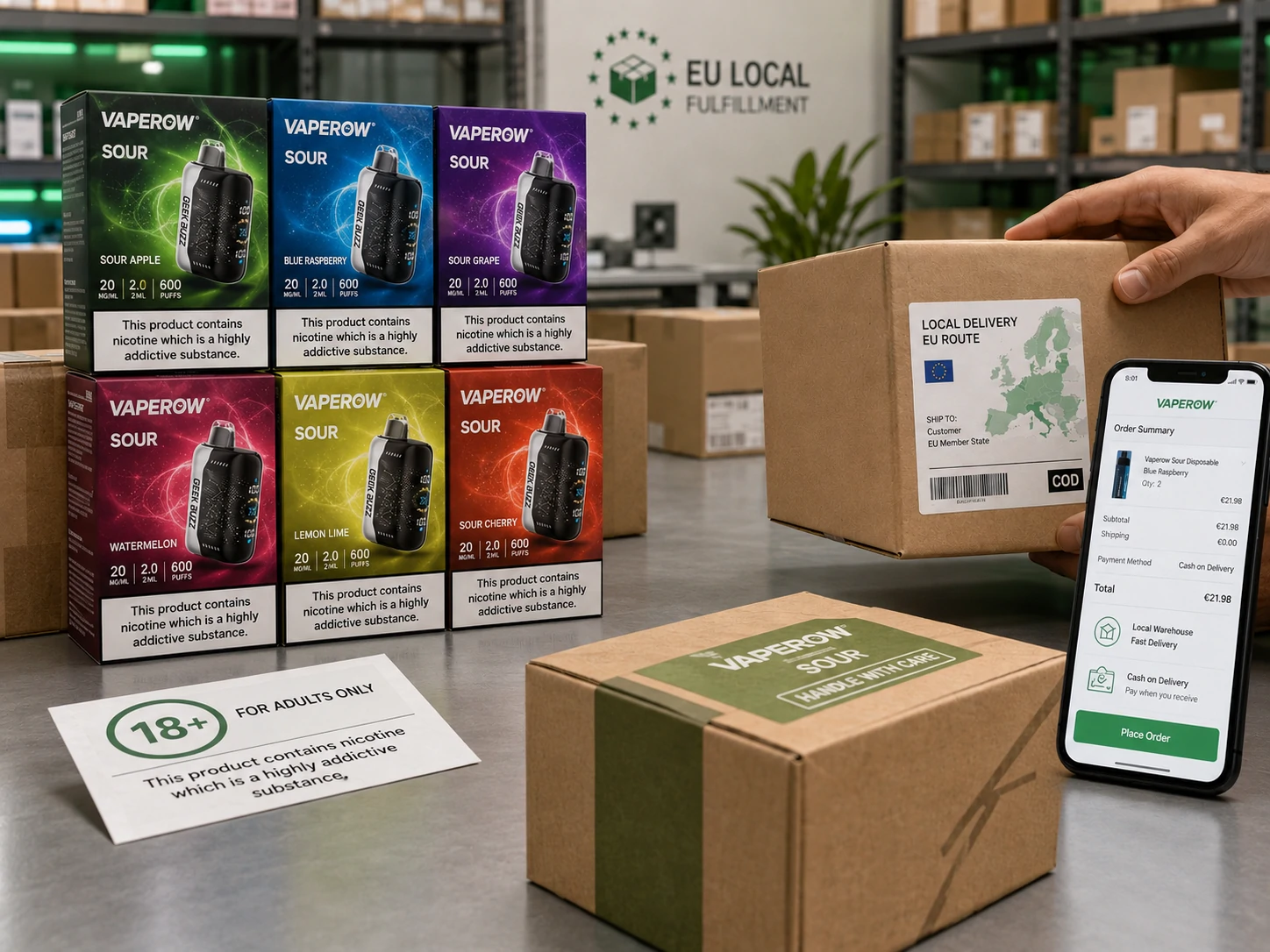 Hurtowa sprzedaż jednorazowych e-papierosów w UE Magazyn hurtowy Vaperow z produktami do wapowania, obsługujący lokalną realizację zamówień i dostawy na terenie UE (ID#5)