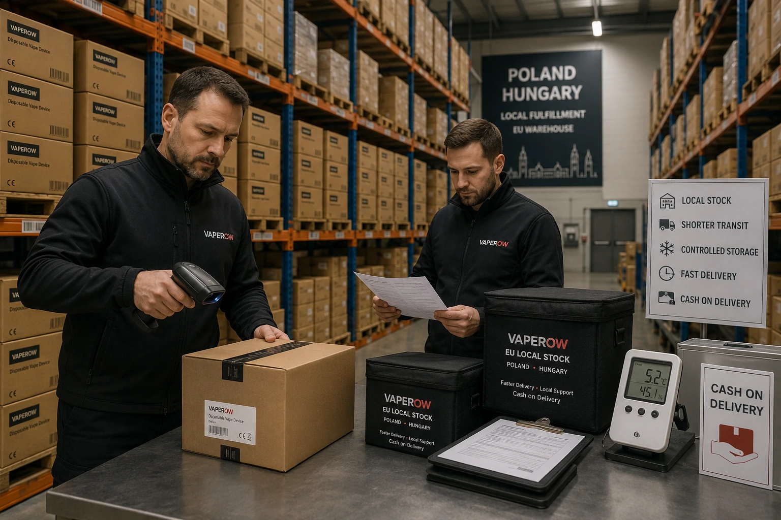 Realizacja zamówień z lokalnego magazynu Vaperow w UE Pracownicy magazynu Vaperow w UE zajmujący się realizacją lokalnych zamówień na jednorazowe urządzenia do wapowania (nr identyfikacyjny 5)