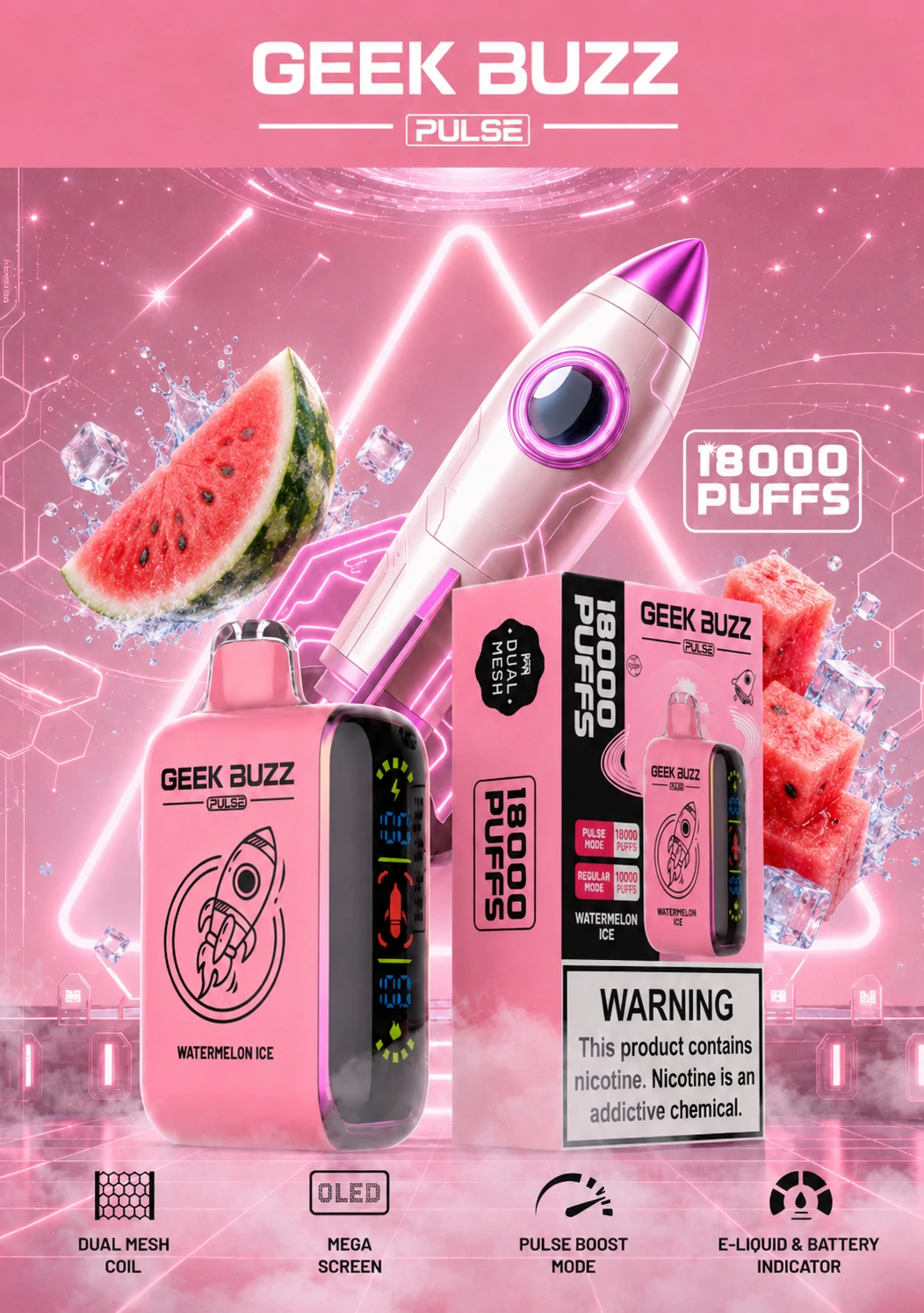 GEEK BUZZ PULSE Watermelon Ice 18K Puffs Disposable Vape - obrazek 2