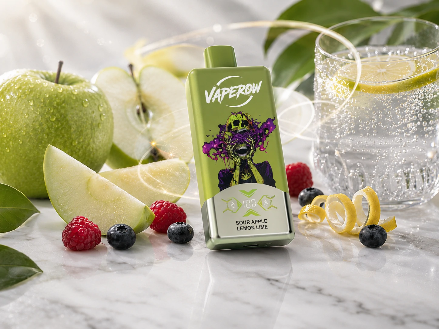 E-liquid o smaku kwaśnego jabłka, cytryny i limonki Jednorazowy vaporizer Green Vaperow z motywem czaszki i świeżych owoców (ID#2)