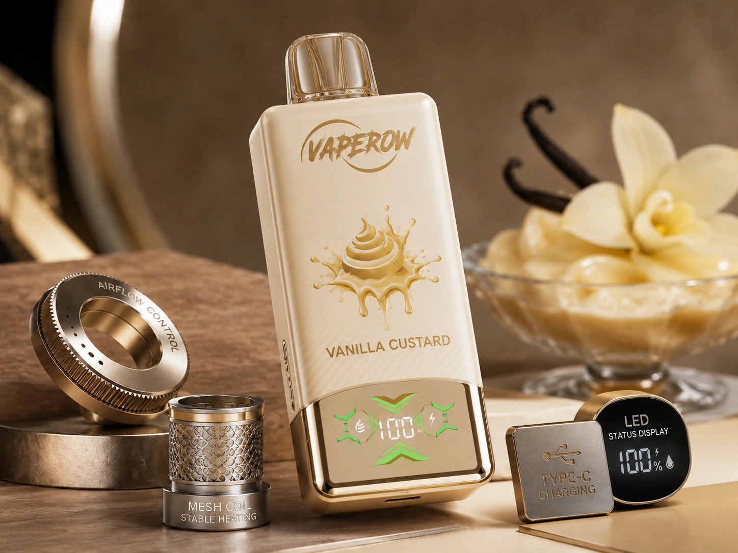 Szczegóły dotyczące sprzętu do wapowania Vaperow – płyn do e-papierosów o smaku waniliowego kremu z regulacją przepływu powietrza, cewką siatkową i elementami typu C (ID#4)