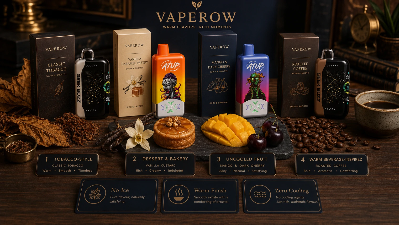 Ciepłe smaki bez mentolu Ciepłe, niemętolowe smaki do e-papierosów marki Vaperow w urządzeniach ATUP i GEEK BUZZ (ID#3)