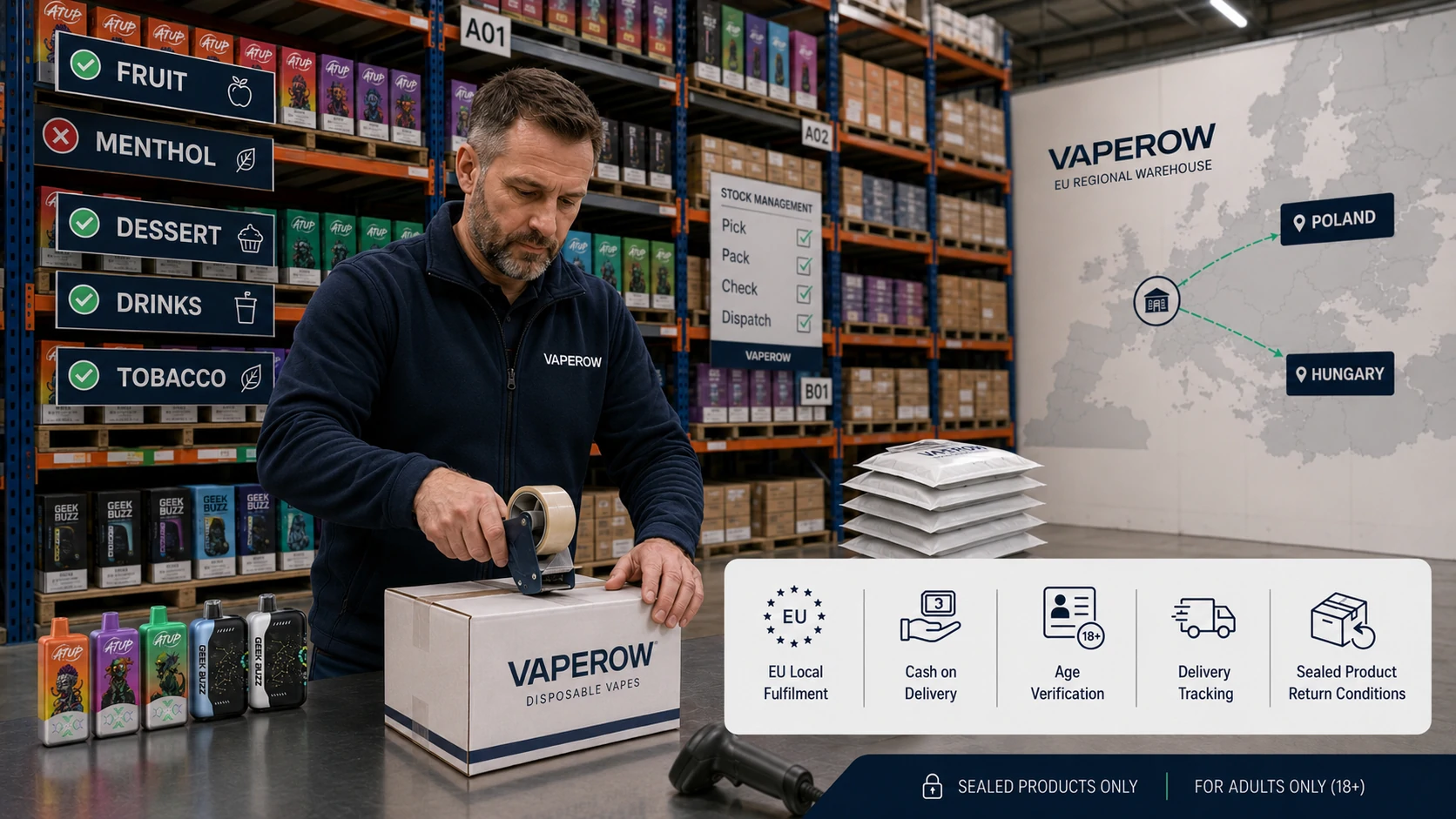 Realizacja zamówień na produkty do wapowania w UE Magazyn Vaperow w UE zajmujący się pakowaniem zamówień na produkty do wapowania dla dorosłych przeznaczonych do Polski i na Węgry (ID#5)