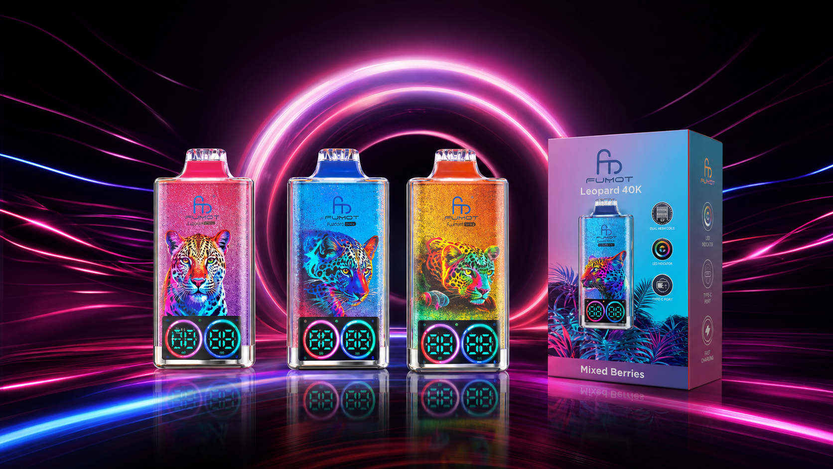 FUMOT Leopard 40000 puffs vape z przezroczystą obudową, podwójnym wyświetlaczem LED i opakowaniem detalicznym