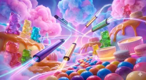 Jednorazowe vape’y unoszące się w barwnej, trójwymiarowej krainie cukierków z gigantycznymi żelkami w kształcie misiów