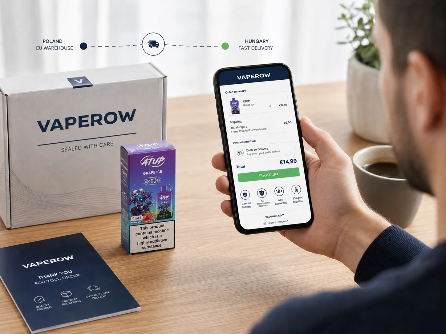 Vaperow – realizacja zamówienia za pobraniem Strona płatności w serwisie Vaperow z produktem ATUP vape, dostawą za pobraniem i zapieczętowaną paczką (ID#5)
