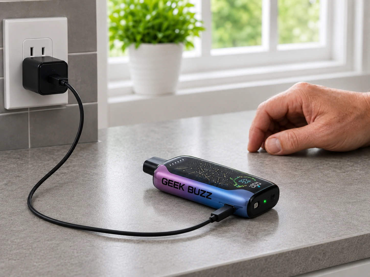 Bezpieczne ładowanie przez USB-C Ładowanie jednorazowego vape’a GEEK BUZZ przez USB-C na suchym blacie (ID#4)