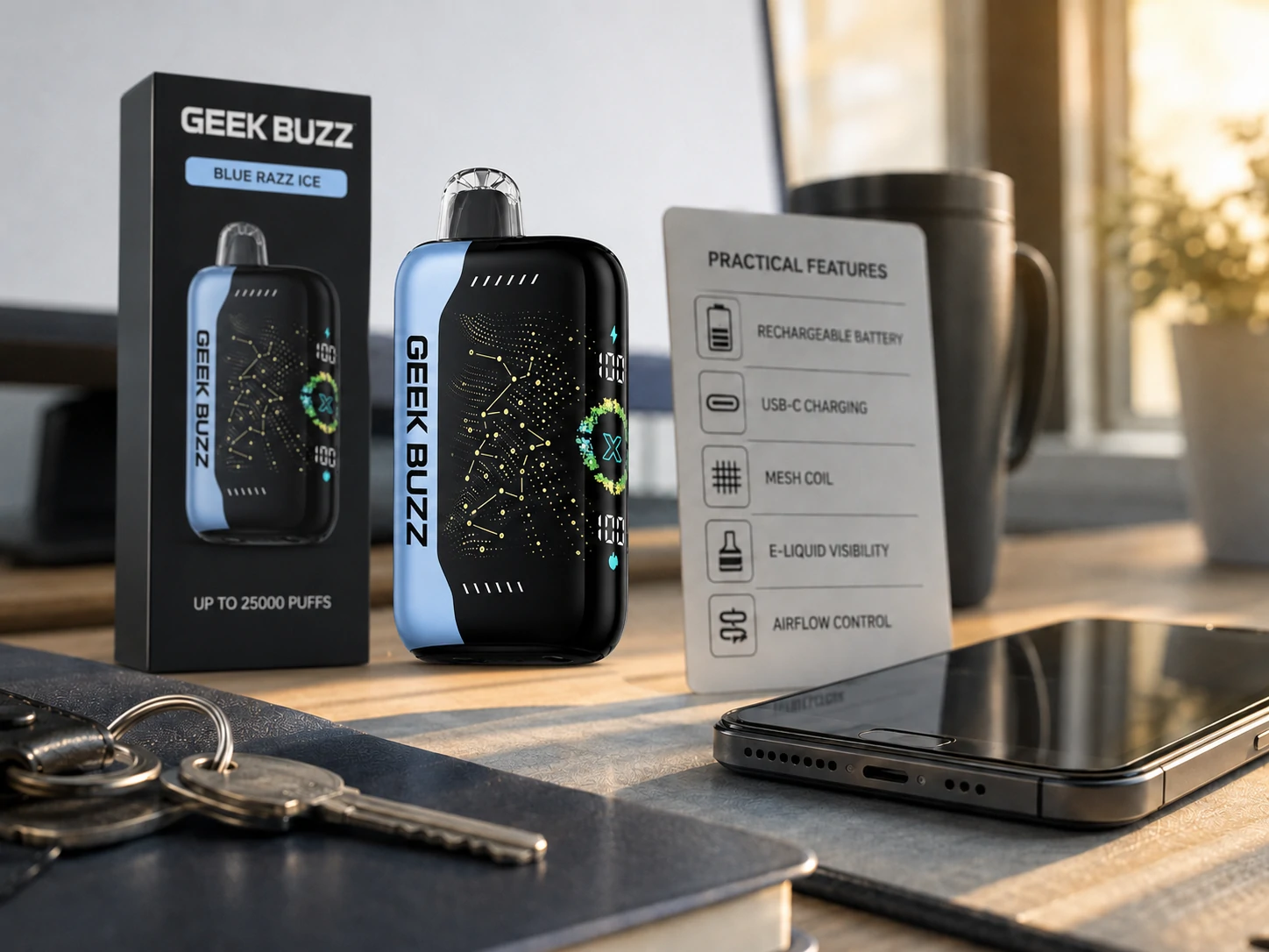 Praktyczne funkcje urządzeń do wapowania Jednorazowy vape GEEK BUZZ z kartą opisującą jego praktyczne funkcje (ID#3)